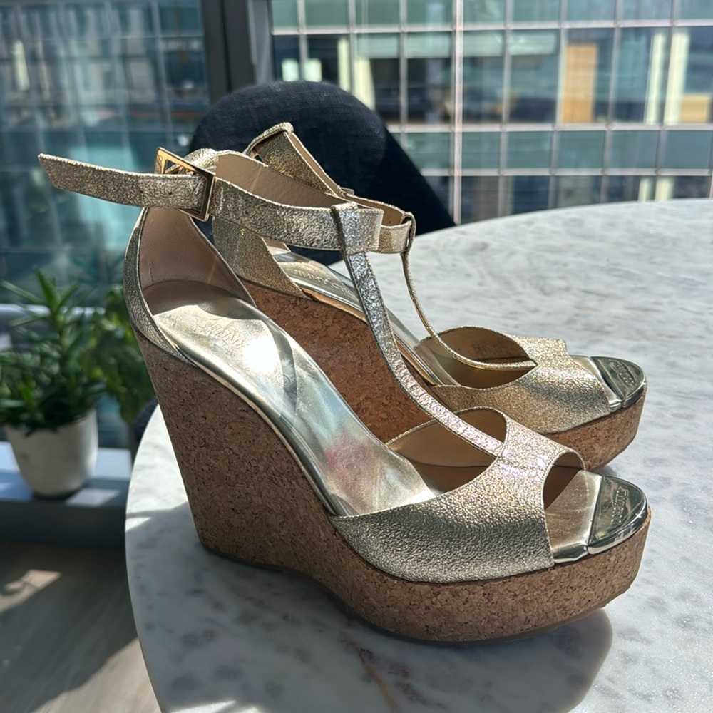 JIMMY CHOO Metallic Nude Pela Cork Wedge T Strap Sandal IT/EU 38  US 7.5-8.0